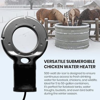 Upgraded 500-Watt Chicken Water Heater - Submergible Cast Aluminum Utility De-Icer with Black Teflon Coating for Livestock Tanks, Winter Bird Bath, and Mineral Buildup Resistance