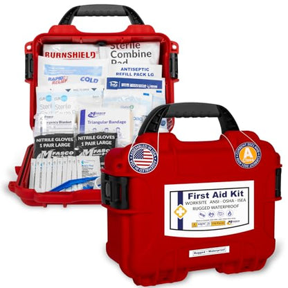 MFASCO Worksite First Aid Kit OSHA ANSI Class A Rugged Waterproof Case - color: Red