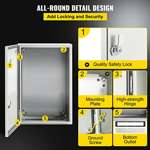 VEVOR NEMA Steel Enclosure, 24 x 16 x 10'' NEMA 4X Steel Electrical Box, IP66 Waterproof & Dustproof, Outdoor/Indoor Electrical Junction Box, with Mounting Plate - size: 24 x 16 x 10