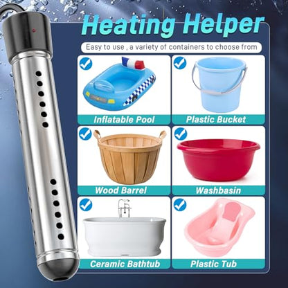 Portable Water Heater Electric, 2000W Immersion Water Heater with LCD Thermometer, Stainless Steel Immersion Heating Rod, Submersible Bucket Heater for Home Camping Bathtub Small Pool Outdoor Use ﻿