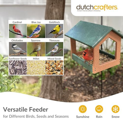 DutchCrafters Amish USA Made Recycled Plastic Large Hanging Modern Fly Through Covered Roof Open Platform Tray Bird Feeder for Outdoors, Garden, Yard (Turf Green & Bright Cedar) - color: Turf Green & Bright Cedar