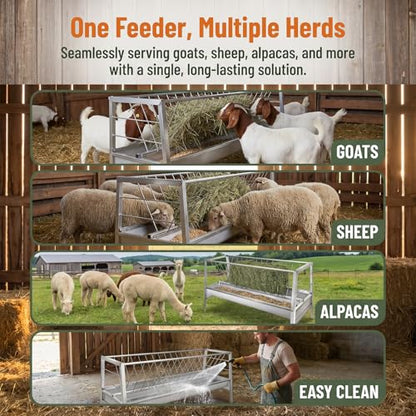 59" X 24" X 33.4" Goat Sheep Feeder, 95 Gallon Goat Hay Feeder, Livestock Hay Feeder with Grain Water Pan, Stainless Steel Frame Safe Rounded Edges, Livestock Feed Trough for Goats, Horses and Cattle