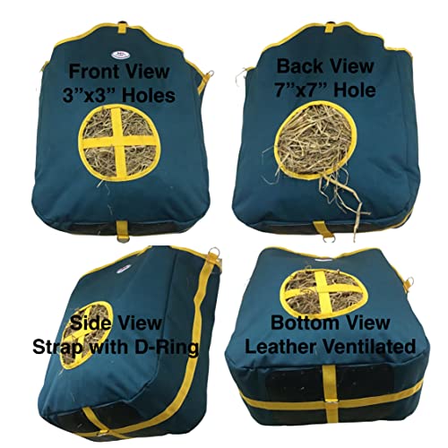 Majestic Ally Nylon Hay Feeder Tote Bag for Horse, Goat, Sheep - Double Sides Open Feed Hole with Faux Leather Ventilated Bottom- Premium Quality -Simulates Grazing - Reduces Waste (Hunter Green) - color: HUNTER GREEN