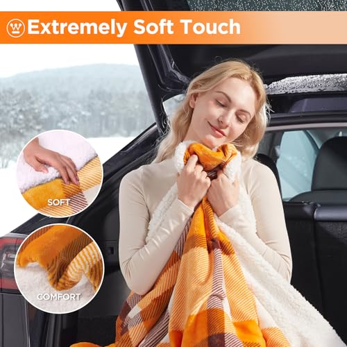 Westinghouse Heated Car Throw, Machine Washable, 59x43 Orange Buffalo Plaid - color: Orange Plaid