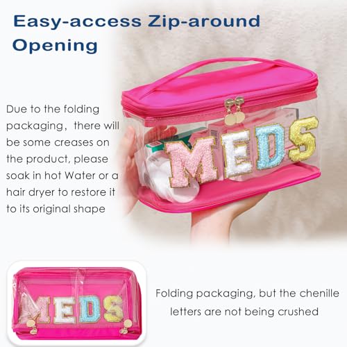 uekeboag Chenille Letter MEDS Clear Medicine Makeup Bag(01Hot Pink) | Personalized Transparent Large Waterproof Nylon Cosmetic Toiletry bag with Top Handle, Meds First Aid Travel Organizer - color: 01Hot Pink