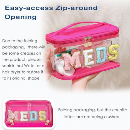 uekeboag Chenille Letter MEDS Clear Medicine Makeup Bag(01Hot Pink) | Personalized Transparent Large Waterproof Nylon Cosmetic Toiletry bag with Top Handle, Meds First Aid Travel Organizer - color: 01Hot Pink