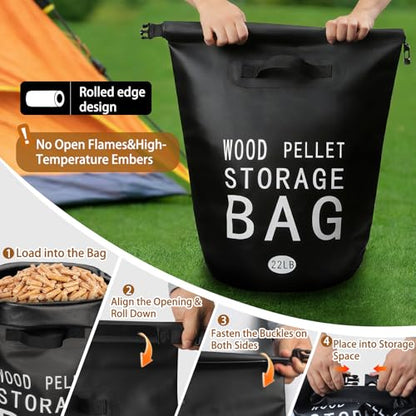Wood Pellet Storage Containers 22LBWaterproof Charcoal Airtight Storage Bin-Smoker Pellet Storage Bin w/Label Pocket & Buckle Seal & Dual Handles Pellet Containers for Grill Outdoor(2-Pack)