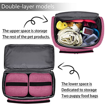 BAGLHER Pet Travel Bag, Double-Layer Pet Supplies Backpack (for All Pet Travel Supplies), Pet Travel Backpack with 2 Silicone Collapsible Bowls and 2 Food Baskets Pink - color: Light pink