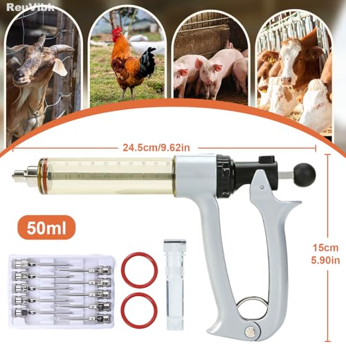 50ml Semi-Auto Repeating Livestock Syringe Gun, 5 Dose Settings - color: Silver Gray50ML