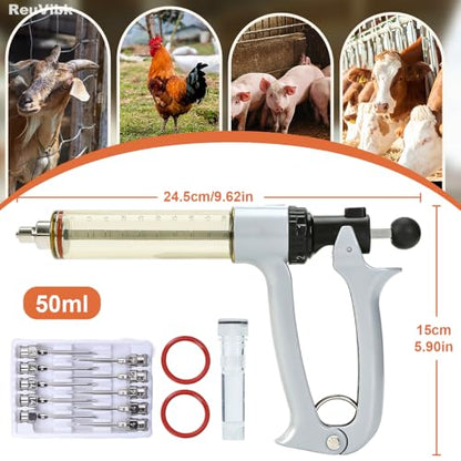 50ml Semi-Auto Repeating Livestock Syringe Gun, 5 Dose Settings - color: Silver Gray50ML