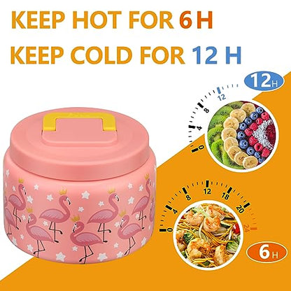 PIQUEBAR 8oz Kids Thermo for Hot Food,Small Lunch Thermo Food Container Stainless Steel,Easy Open Wide Mouth Thermo for Hot Cold Food for Preschool Travel - color: Pink Flamingos