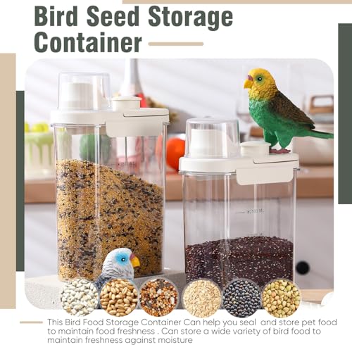 Maxdot 2 Pcs Bird Seed Storage Container 3 Qt/2.8 L with Tight Lids Airtight Cup Pet Food Storage Measuring Containers Lids with Pouring Spouts for Macaws African Grey Cockatoos (Beige) - color: Beige