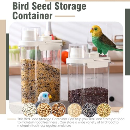 Maxdot 2 Pcs Bird Seed Storage Container 3 Qt/2.8 L with Tight Lids Airtight Cup Pet Food Storage Measuring Containers Lids with Pouring Spouts for Macaws African Grey Cockatoos (Beige) - color: Beige