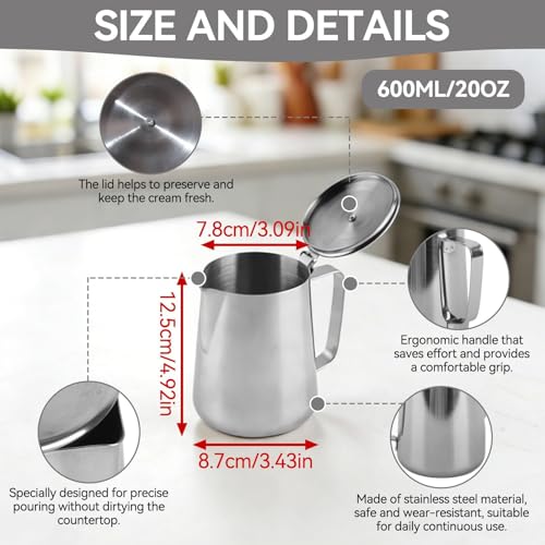 Stainless Steel Pitcher with Lid, 600ml Stainless Steel Milk Frothing Pitcher Coffee Latte Frothing Art Jug Pitcher Mug Cup for Latte Coffee Art for Office Kitchen - size: 600ML