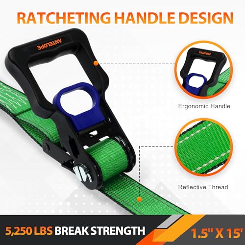 A ANTELOPE 4 Pack 1.5" x 15' Ratchet Tie Down Straps with S Hooks, Green - color: Green, size: 4PK-1.5in