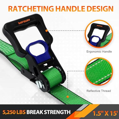 A ANTELOPE 4 Pack 1.5" x 15' Ratchet Tie Down Straps with S Hooks, Green - color: Green, size: 4PK-1.5in