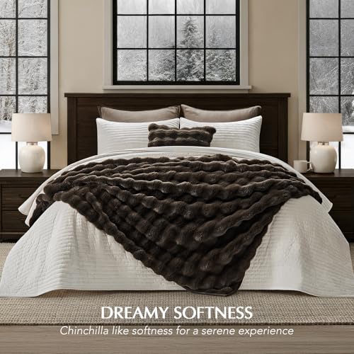 EverGrace Faux Rabbit Fur Bubble Throw Blanket, 60"x80", Dark Brown - color: Dark Brown, size: 60"x80"