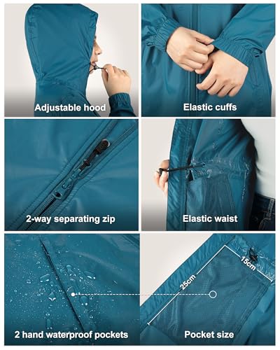 33,000ft Women's Waterproof Long Rain Coats Packable Rain Jacket with Hood - color: Moroccan Blue, size: 3X-Large
