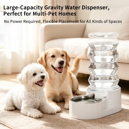 RIZZARI 8L Gravity Dog Water Dispenser: Stainless Steel Bowl Anti-Splash - color: White, size: 8L