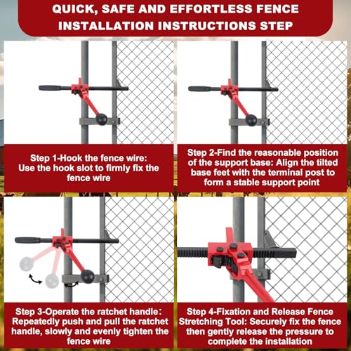 Chain Link Fence Stretcher Tool, Heavy-Duty Fence Puller Tensioner for Woven Wire, Barbed Wire Chain Link Fence with 5° Tilted Base, One-Person Operation for Farm, Ranch & Garden