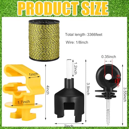 Kanayu 52 Pcs Electric Fence Kit Include 3366 ft Poly Wire 25 Black Fence Ring Insulators 25 Yellow T Post Insulators Socket Tool for Pet Animal Horse Cattle Livestock Pasture - size: 3366 ft