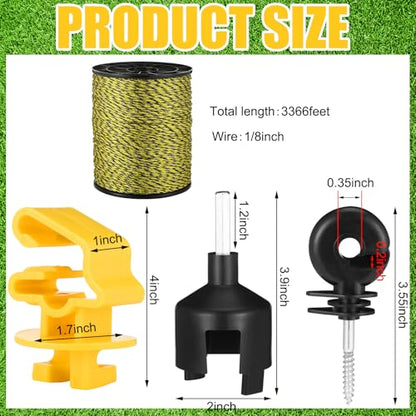 Kanayu 52 Pcs Electric Fence Kit Include 3366 ft Poly Wire 25 Black Fence Ring Insulators 25 Yellow T Post Insulators Socket Tool for Pet Animal Horse Cattle Livestock Pasture - size: 3366 ft