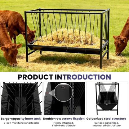45 Gallon 2-in-1 Pasture Hay and Grain Feeder, Heavy Duty Galvanized Steel Livestock Feed Trough with 25 Gallon Pan - Rust Proof, Sturdy for Goat, Sheep, Horse, Pig