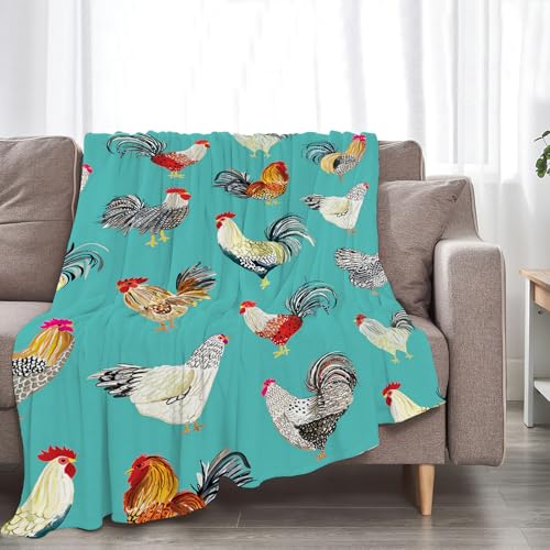 Farmhouse Chicken Blanket Ultra Soft Cozy Farm Rooster Throw Blanket Fleece Fuzzy Plush Bedding Country Chicken Gifts for Women Girls Kids Adults 60"x50" - color: Chicken Teal, size: 60"x50"