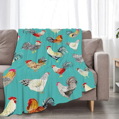 Farmhouse Chicken Blanket Ultra Soft Cozy Farm Rooster Throw Blanket Fleece Fuzzy Plush Bedding Country Chicken Gifts for Women Girls Kids Adults 60"x50" - color: Chicken Teal, size: 60"x50"