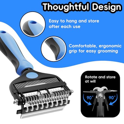3-in-1 Professional Pet Grooming Brush for Dogs & Cats – Dematting Comb, Undercoat Rake & Deshedding Tool for Long & Short Hair, Heavy Shedding & Matted Fur (Blue)