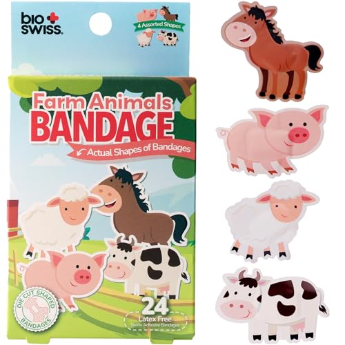 BioSwiss Bandages, Farm Animal Shaped Self Adhesive Bandage Set, Latex Free, Sterile Wound Care, 24 Count - size: 24-Count Box, style: Farm Animals