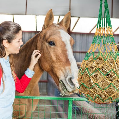 4 Pcs Slow Feeder Hay Nets for Horses Goat Cattle Equine Durable Heavy Duty Hanging Hay Feeder Nets for Horse Stalls Barn Pasture and Farm Feeding Supplies(Black, Yellow, Green, Blue)