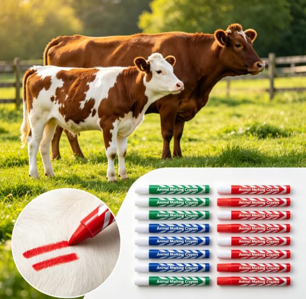 Livestock Crayon, 12Pcs Large Livestock Marking Crayons, Red Green Blue Color Marker Pens Water-resistantfor Pigs, Animal Identification, Marking Skin
