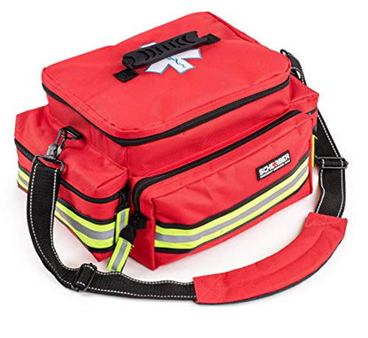 Scherber First Responder Fully-Stocked Professional Essentials EMT/EMS Trauma Kit | HSA/FSA Approved | Reflective Bag w/8 Zippered Pockets & Compartments & 200+ First Aid Supplies - Red - color: Red