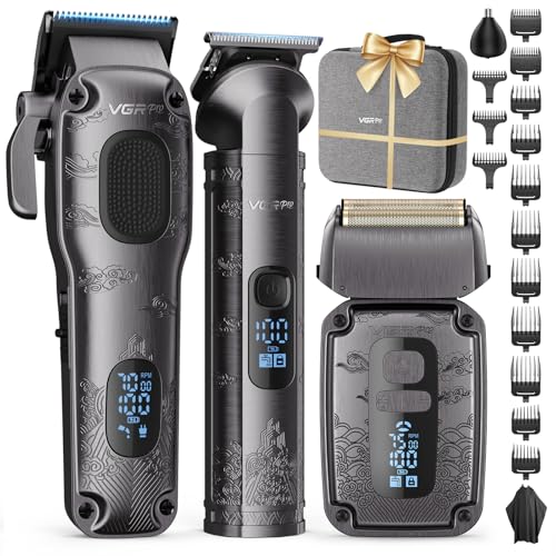 VGRPRO Hair Clippers for Men, Beard Trimmer, Foil Shaver 3-in-1 Clipper Set | Cordless Grooming Kit, 14 Guide Comb (Left/Right Ear Taper), Nose Trimmer Head, 4-Speed Setting Shaver, LED Display, EVA case - color: Gray