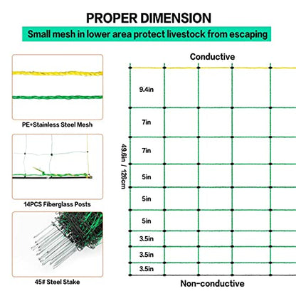 Electric Fence Netting, 49.6" H x 164' L, PE Net Fencing Kit with 14 Posts Double Spiked, Utility Portable Mesh for Sheep Hogs Goats Deer Dogs Lambs Used in Backyards Patio Farms Ranches, Green