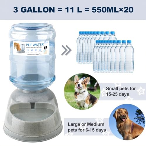 3 Gallon Large Dog Water Dispenser, Automatic Gravity Pet Waterer Station for Large Dogs and Multiple Pets, Indoor/Outdoor Dog Water Bowl with Anti-Slip Base, BPA-Free, Grey