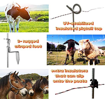 PK35 Pigtail Step-in Posts for Electric Fences, Rod Diameter 0.32 inch (8mm) x 41inch Height with 70 Extra insulators that can Clip onto The Posts - style: 35 Posts + 70 Clips
