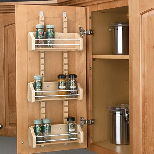 Rev-A-Shelf Pullout Wall Storage Organizer for Kitchen Cabinets, Sliding Door Mounted Spice Rack with 3 Adjustable Shelves, Maple Wood, 4ASR-18 - size: 13.13" W