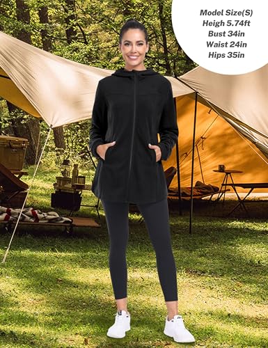 MoFiz Womens Long Soft Polar Fleece Jacket Full Zip with Hood - color: Jacket-black, size: Medium
