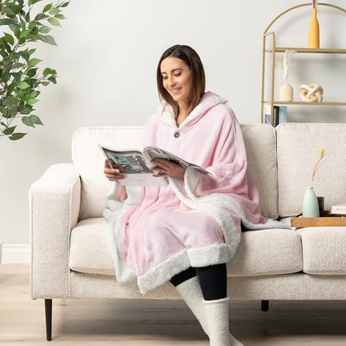 PAVILIA Hooded Blanket Poncho for Women, Fleece Wearable Shawl Wrap, Pink | Fleece Shawl Wrap with Hood, Adult Wearable Blanket, Cozy Warm Poncho Cape Throw with Pockets, Gift for Elderly Mom - color: Pink