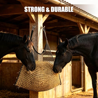 2Pcs Slow Feed Hay Net for Horses, Durable Hanging Hay Bag with Clips for Horses Goats Donkeys Sheep, Easy Loading, Large Capacity, Fits Stall & Trailer, 35" x 31", Black