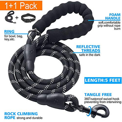 Ladoogo Reflective Dog Collar Padded with Soft Neoprene Breathable Adjustable Nylon Dog Collars for Small Medium Large Dogs (Medium (Pack of 1), Black Collar+Leash) - color: Black, size: Medium