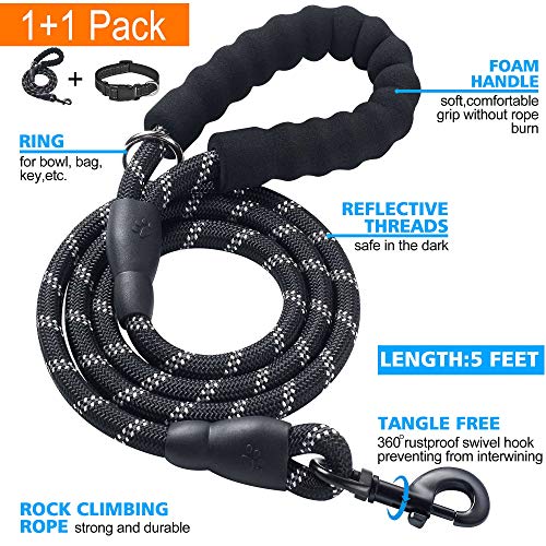 Ladoogo Reflective Dog Collar Padded with Soft Neoprene Breathable Adjustable Nylon Dog Collars for Small Medium Large Dogs (Small (Pack of 1), Black Collar+Leash) - color: Black, size: Small