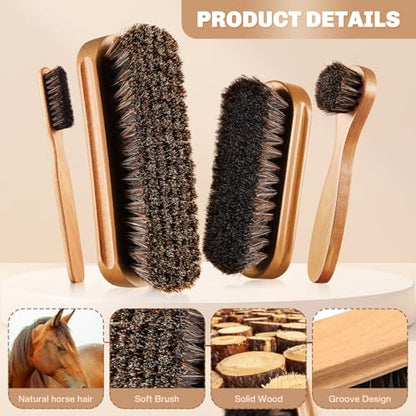 4 Pcs Horsehair Shine Shoes Brush Kit Polish Dauber Applicators Cleaning Leather Shoes Boots Care Brushes Suede Cleaner Brush with Microfiber Shoe Cloth(Wooden Style A) - style: Wooden Style A