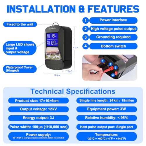 Electric Fence Charger, 15-Mile 12KV 3J for Livestock Protection - color: Black