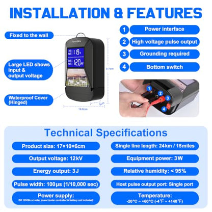 Electric Fence Charger, 15-Mile 12KV 3J for Livestock Protection - color: Black