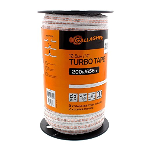Gallagher 1/2" x 656' Electric Fence Turbo Polytape with Copper and Stainless Steel Strands | 34x More Conductivity Than Standard Polytape | Electric Fencing for Horses and Livestock