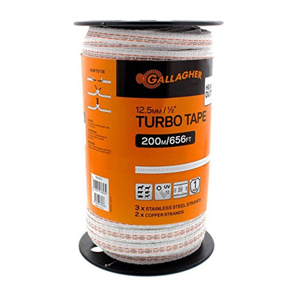 Gallagher 1/2" x 656' Electric Fence Turbo Polytape with Copper and Stainless Steel Strands | 34x More Conductivity Than Standard Polytape | Electric Fencing for Horses and Livestock