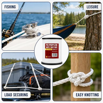 Heavy Duty PP/Polyester/Nylon Rope on Spool, White, 1/4inX1640FT | Weather-Resistant & Waterproof, For Pool, Marine, Camping, Household Use, Construction & Rigging Applications - color: White, size: 1/4in X 1640FT